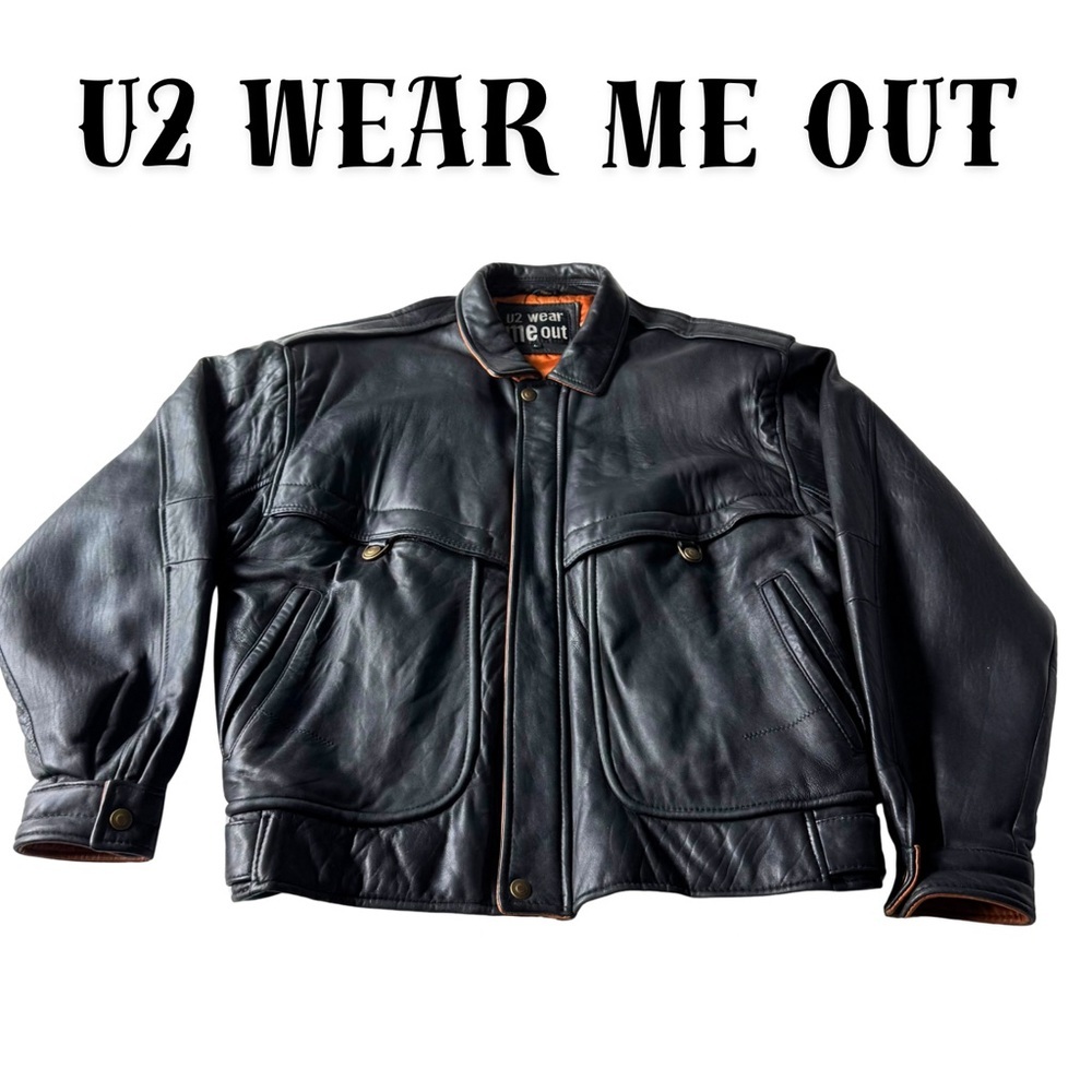 Vintage 80s U2 Wear Me Out Black Leather Bomber Jacket Mens L Flight Biker Mint